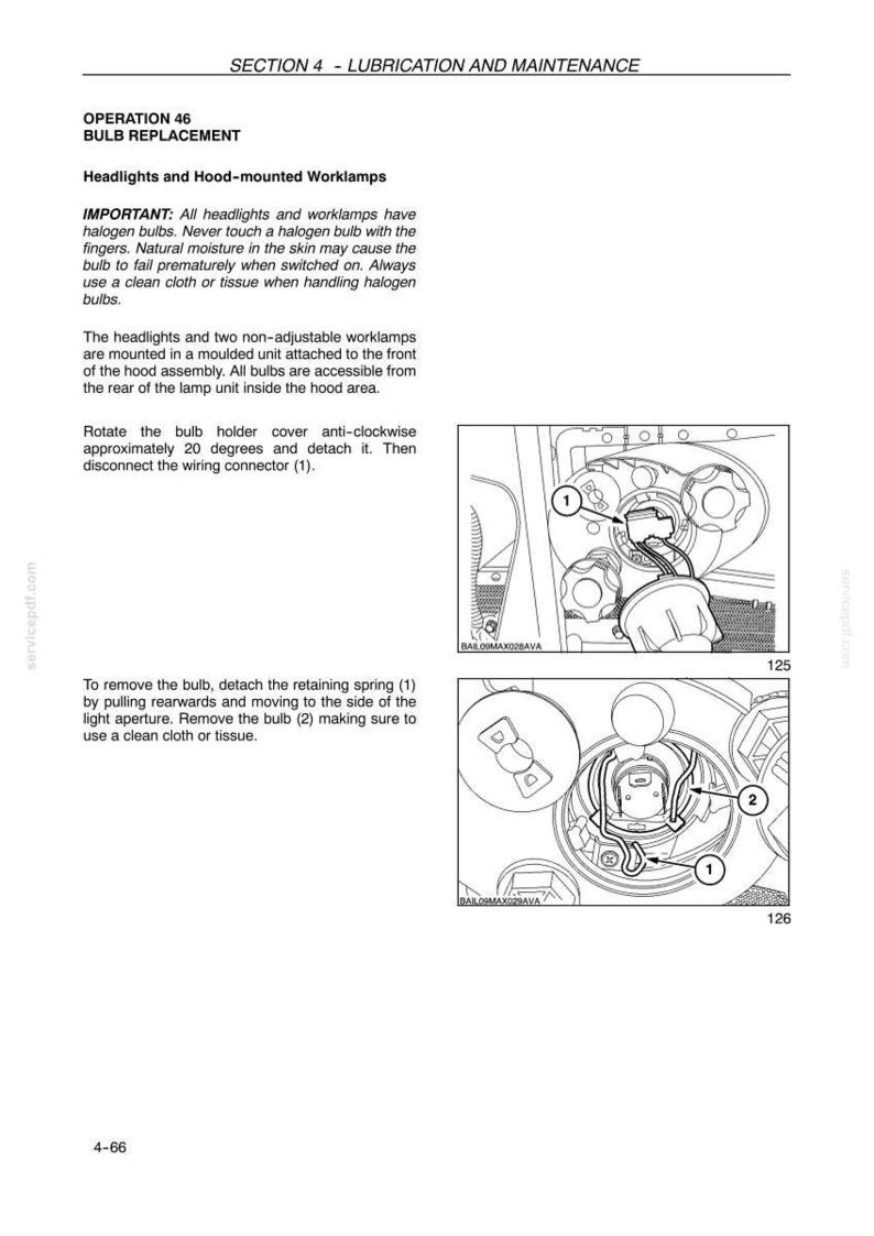 K&ouml;nnte beinhalten: Eine Seite aus einem technischen Handbuch mit dem Titel SECTION 4 - LUBRICATION AND MAINTENANCE, OPERATION 46 BULB REPLACEMENT. Sie enth&auml;lt Anweisungen zum Austausch von Halogenlampen sowie zwei Schwarz-Wei&szlig;-Skizzen zur Verkabelung.
