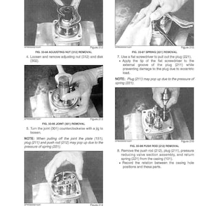 May include: A grayscale image from a manual showing disassembly steps for an upper slewing structure. The image includes diagrams with text instructions and figures, such as removing adjusting nuts, springs, and plates. The text includes figure numbers and part names.