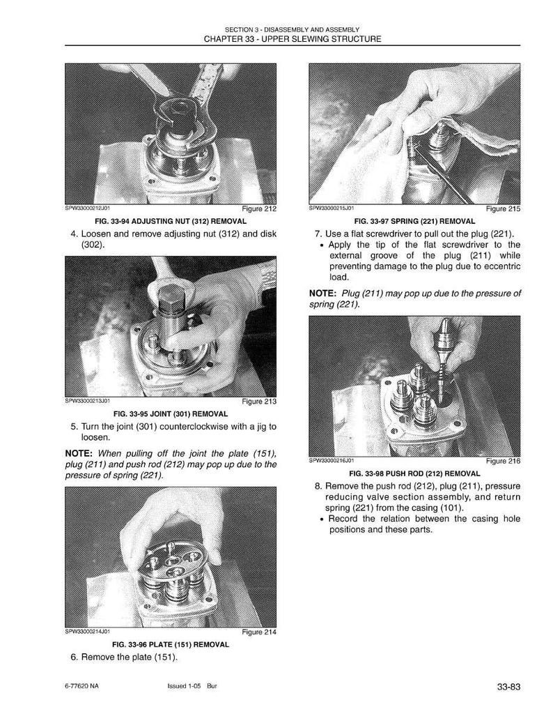 May include: A grayscale image from a manual showing disassembly steps for an upper slewing structure. The image includes diagrams with text instructions and figures, such as removing adjusting nuts, springs, and plates. The text includes figure numbers and part names.