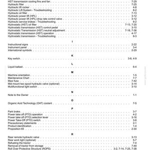 May include: A black and white index page from a technical manual, listing topics alphabetically from H to S, including Hand throttle, Hydraulic lift system, Key switch, Liquid ballast, Maintenance chart, Power take off, and Safety rules with page numbers.