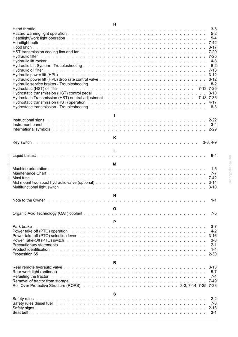 May include: A black and white index page from a technical manual, listing topics alphabetically from H to S, including Hand throttle, Hydraulic lift system, Key switch, Liquid ballast, Maintenance chart, Power take off, and Safety rules with page numbers.