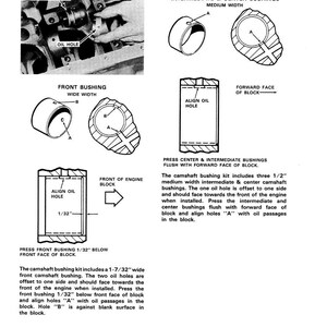 May include: Technical diagram of engine components, including bushings and oil holes. The image includes diagrams of front and intermediate bushings, with labels and measurements in inches. Text explains installation procedures for the camshaft bushing kit.