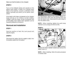 May include: A page from a manual with instructions for testing and removing a starter motor. The text includes steps, diagrams, and notes. The image shows close-ups of engine components with labels and arrows.