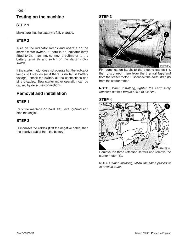 May include: A page from a manual with instructions for testing and removing a starter motor. The text includes steps, diagrams, and notes. The image shows close-ups of engine components with labels and arrows.