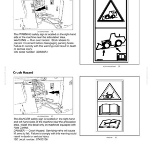 May include: Safety information sheet with diagrams and text. Includes warnings about run over and crush hazards, with instructions and ISO decal numbers. The sheet is for machinery safety.