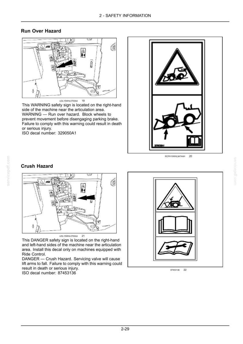 May include: Safety information sheet with diagrams and text. Includes warnings about run over and crush hazards, with instructions and ISO decal numbers. The sheet is for machinery safety.
