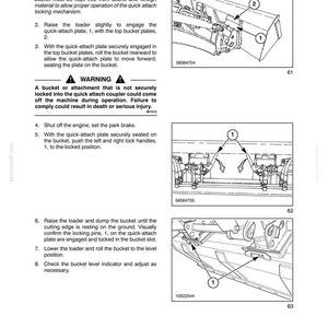 Peut inclure: Une page de manuel technique intitul&eacute;e SECTION 2 - OPERATION, pr&eacute;sentant trois dessins au trait en noir et blanc d'un m&eacute;canisme d'attache rapide de godet de chargeuse. Les sch&eacute;mas incluent des rep&egrave;res num&eacute;rot&eacute;s 1 et 2, du texte.