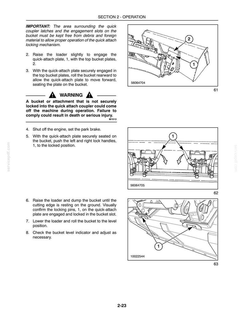 Peut inclure: Une page de manuel technique intitul&eacute;e SECTION 2 - OPERATION, pr&eacute;sentant trois dessins au trait en noir et blanc d'un m&eacute;canisme d'attache rapide de godet de chargeuse. Les sch&eacute;mas incluent des rep&egrave;res num&eacute;rot&eacute;s 1 et 2, du texte.