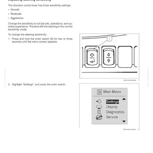 Puede incluir: P&aacute;gina de un manual de instrucciones con instrucciones para ajustar la sensibilidad de la direcci&oacute;n. El texto describe los ajustes: Suave, Moderado y Agresivo. La imagen muestra un panel de control con botones y un men&uacute; con opciones como Configuraci&oacute;n y Pantalla.