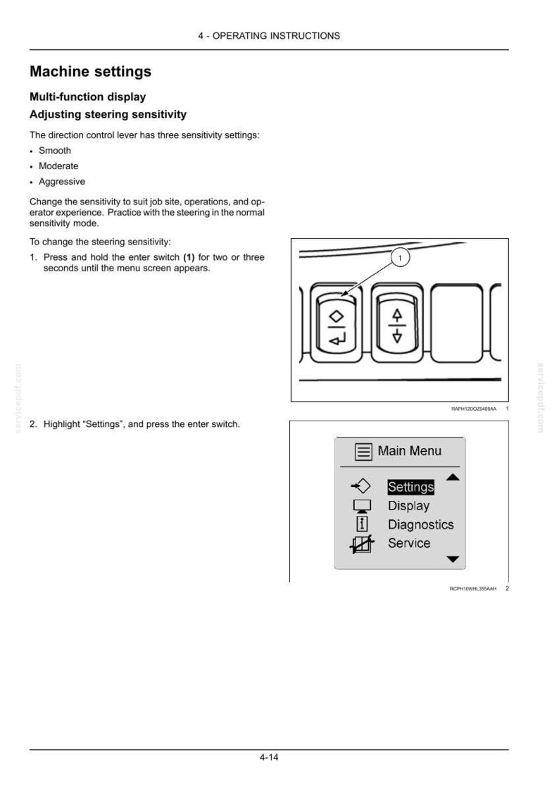 Puede incluir: P&aacute;gina de un manual de instrucciones con instrucciones para ajustar la sensibilidad de la direcci&oacute;n. El texto describe los ajustes: Suave, Moderado y Agresivo. La imagen muestra un panel de control con botones y un men&uacute; con opciones como Configuraci&oacute;n y Pantalla.