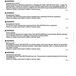 Pode incluir: Uma p&aacute;gina de documento t&eacute;cnico intitulada 6 - WORKING OPERATIONS, detalhando as regras de seguran&ccedil;a para a tomada de for&ccedil;a frontal (PTO). Lista v&aacute;rios avisos sobre riscos de emaranhamento, objetos voadores e pe&ccedil;as m&oacute;veis.