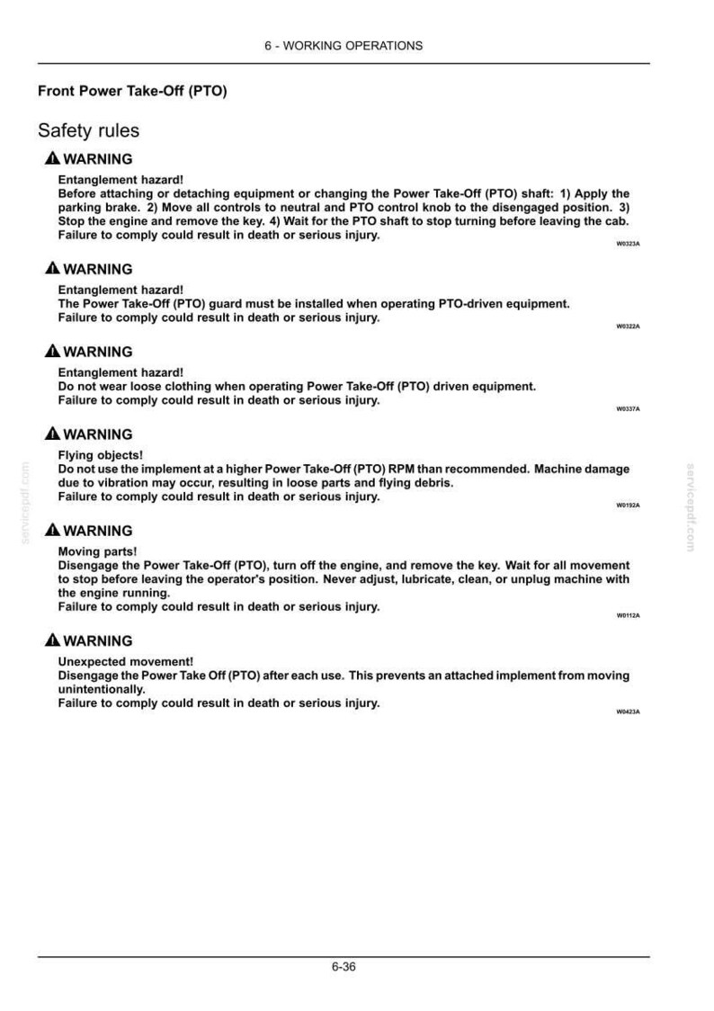 Pode incluir: Uma p&aacute;gina de documento t&eacute;cnico intitulada 6 - WORKING OPERATIONS, detalhando as regras de seguran&ccedil;a para a tomada de for&ccedil;a frontal (PTO). Lista v&aacute;rios avisos sobre riscos de emaranhamento, objetos voadores e pe&ccedil;as m&oacute;veis.