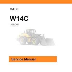 May include: White background with the word "CASE" at the top, followed by "W14C" and "Loader" below. A yellow loader is in the center. An orange rectangle at the bottom says "Service Manual".