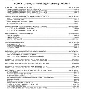 May include: A printed table of contents from a repair manual, listing sections on engine, electrical, and steering systems. The document is titled "MX and Magnum" and includes various specifications and procedures.