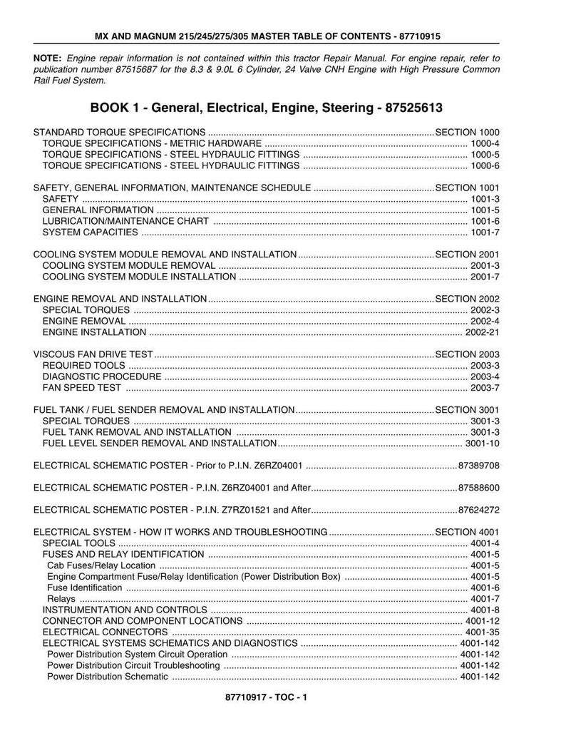 May include: A printed table of contents from a repair manual, listing sections on engine, electrical, and steering systems. The document is titled "MX and Magnum" and includes various specifications and procedures.