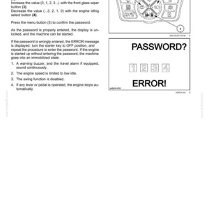 May include: Diagram of a control panel with numbered buttons and a display showing "PASSWORD?" and "ERROR!". Instructions explain password entry using buttons for cursor movement, value increase/decrease, and menu selection.
