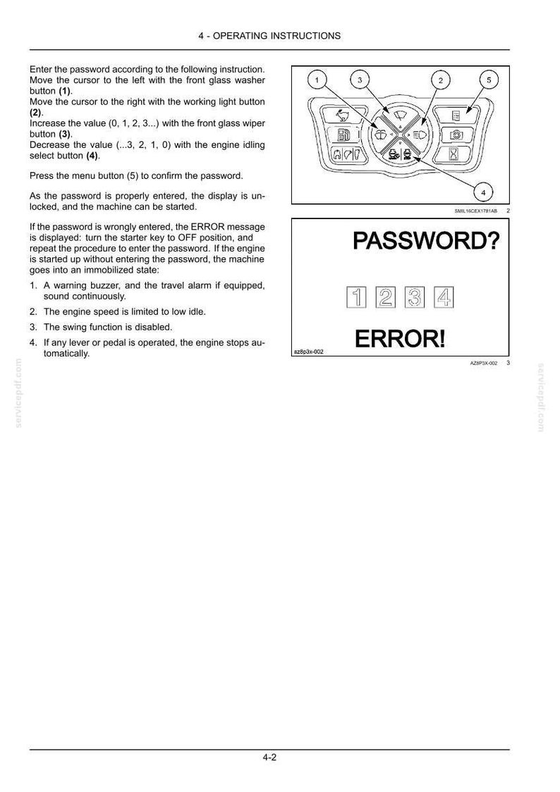 May include: Diagram of a control panel with numbered buttons and a display showing "PASSWORD?" and "ERROR!". Instructions explain password entry using buttons for cursor movement, value increase/decrease, and menu selection.