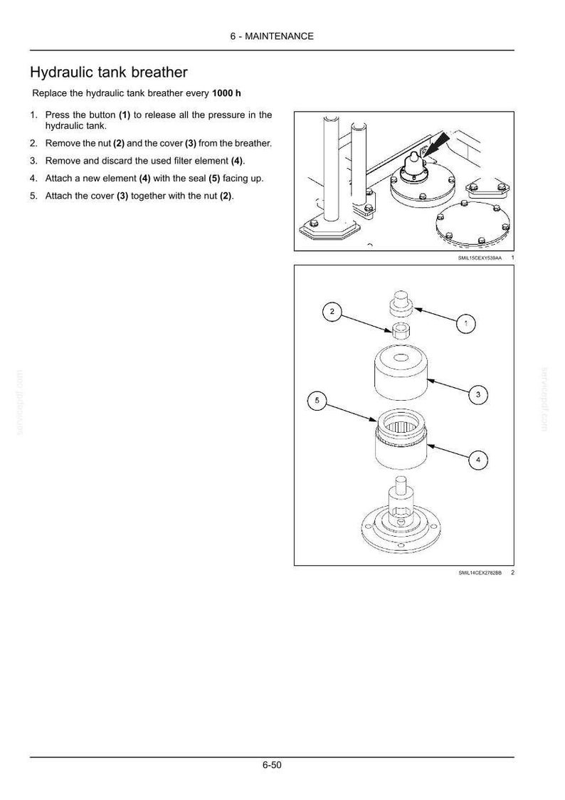 May include: Diagram of a hydraulic tank breather with exploded view of components. Includes a nut, cover, filter element, and seal. Text indicates maintenance instructions and part numbers.