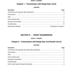 Puede incluir: Una p&aacute;gina impresa en blanco de un manual, con el t&iacute;tulo "SECTION 21 - FRONT TRANSMISSION" y una tabla de contenidos para "Cap&iacute;tulo 1 - Transmisi&oacute;n con engranaje de rango (12x4)" y "Cap&iacute;tulo 2 - Transmisi&oacute;n con engranaje de rango y lanzadera (12x12)".