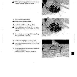 May include: A technical service manual page featuring black and white diagrams of mechanical assembly steps for a rear flange, including numbered parts like plugs 289, 282, piston 266, and steel ball 296, with text instructions and a 1.25 kgf-m torque spec.