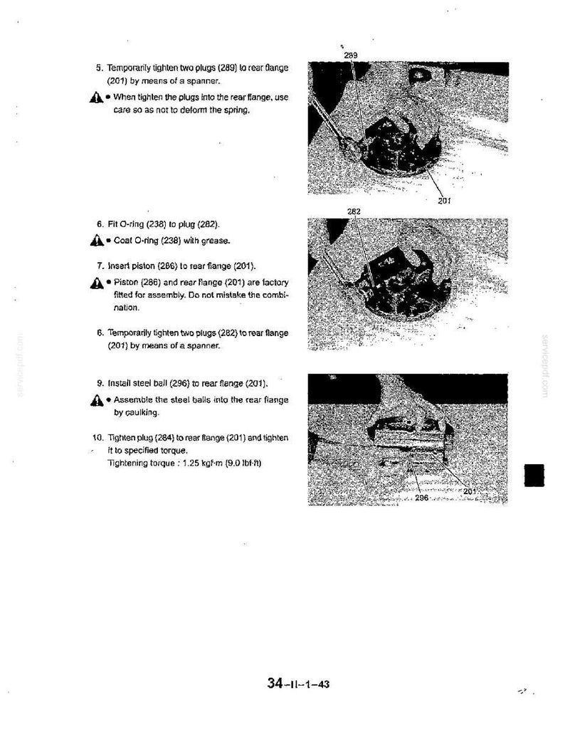 May include: A technical service manual page featuring black and white diagrams of mechanical assembly steps for a rear flange, including numbered parts like plugs 289, 282, piston 266, and steel ball 296, with text instructions and a 1.25 kgf-m torque spec.