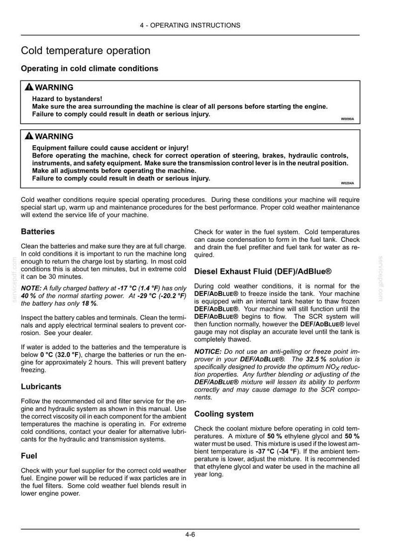 May include: A page from an operating manual detailing cold temperature operation for a machine. It includes warnings about hazards, instructions for batteries, lubricants, fuel, and diesel exhaust fluid, and a cooling system. The text is in black.