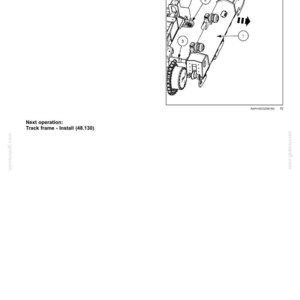 May include: An engineering diagram showing the removal of a track frame from an equalizer beam and pivot shaft. The diagram includes numbered components and arrows indicating the direction of removal. Text includes instructions and the next operation.