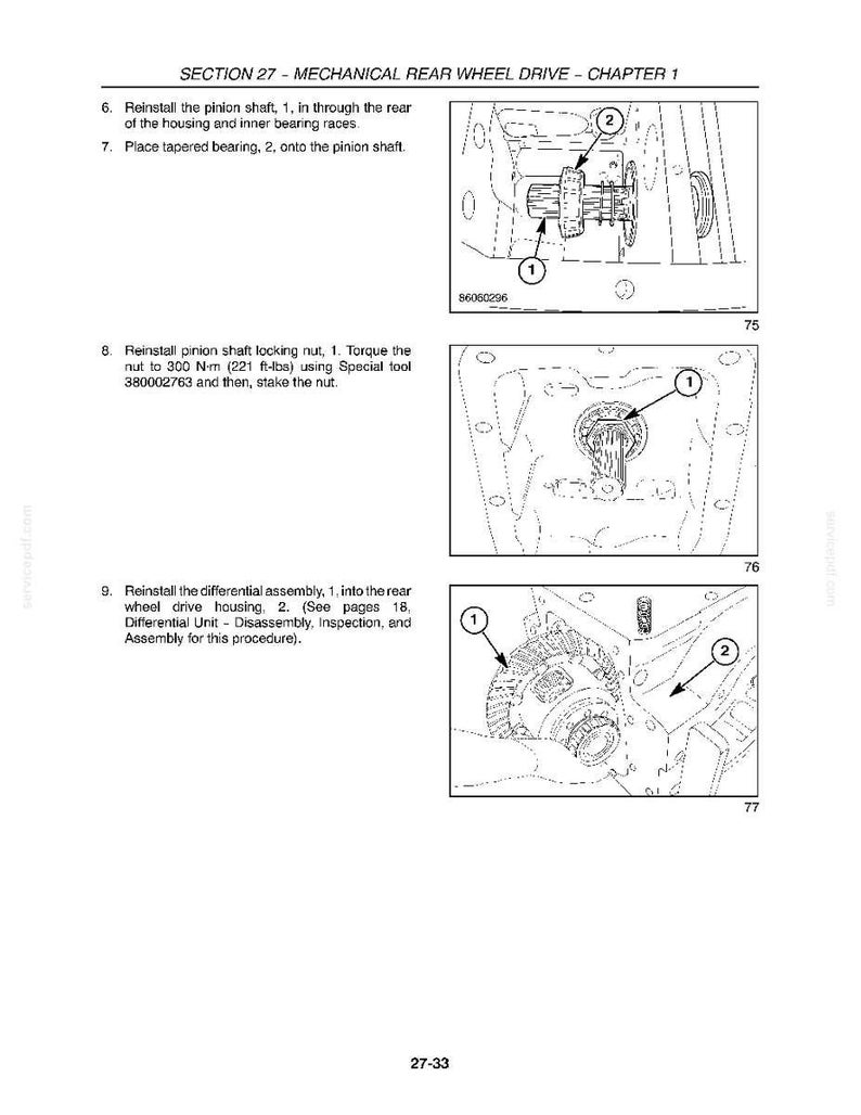 May include: Diagrams from a manual detailing mechanical rear wheel drive components. The images show the reinstallation of the pinion shaft, tapered bearing, and differential assembly. Text includes instructions and part numbers.