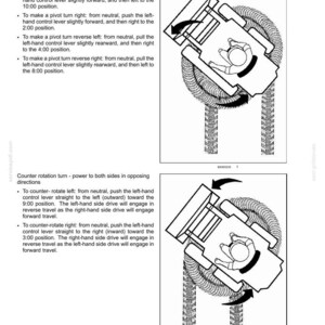 May include: A technical manual page titled 3 - CONTROLS AND INSTRUMENTS, featuring black and white line drawings of a machine operator performing pivot and counter-rotation turns. The text provides instructions for maneuvering the machine.