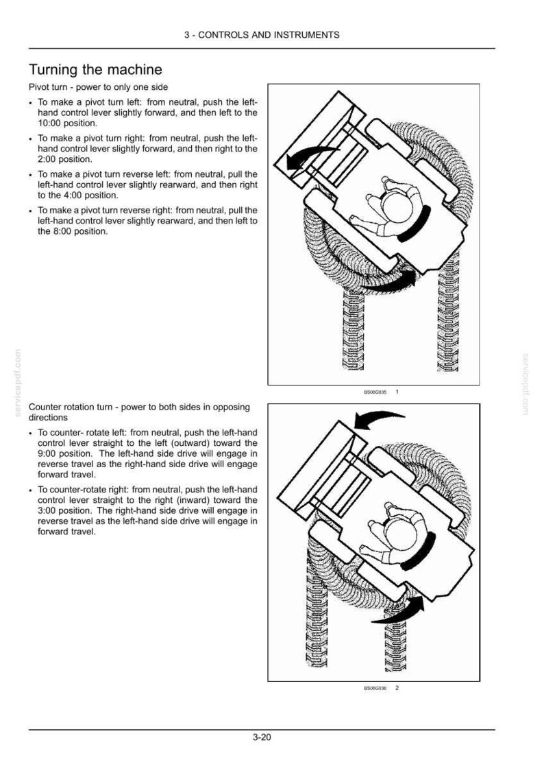 May include: A technical manual page titled 3 - CONTROLS AND INSTRUMENTS, featuring black and white line drawings of a machine operator performing pivot and counter-rotation turns. The text provides instructions for maneuvering the machine.