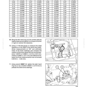 May include: Technical diagram with tables detailing measurements for 9/43 and 11/43 bevel drives, including clearance and axial movement in inches and millimeters. Includes diagrams of tools and parts for maintenance.