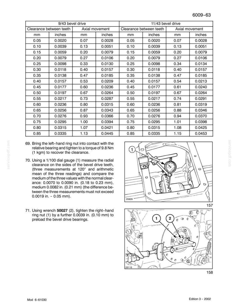 May include: Technical diagram with tables detailing measurements for 9/43 and 11/43 bevel drives, including clearance and axial movement in inches and millimeters. Includes diagrams of tools and parts for maintenance.