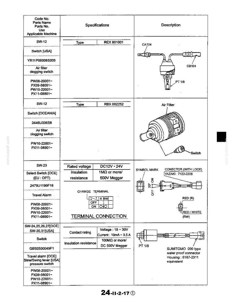 May include: A technical specification document featuring diagrams and data for electrical switches, including air filter clogging switches and travel alarms. The table lists part numbers, voltage ratings, terminal connections, and connector types.