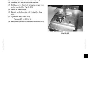 May include: A technical manual page titled 33. UPPER STRUCTURE, 33.2.4.3 DRAIN OF HYDRAULIC PILOT CONTROL UNIT. It includes an 8-step instruction list and a black and white photograph labeled Fig. 33-227 showing a metal tool unscrewing a check valve plug.