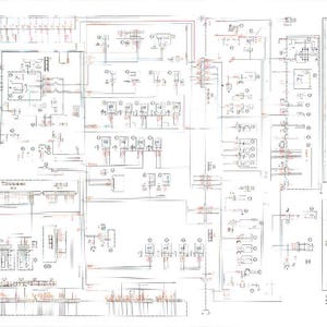 May include: A detailed technical drawing on white paper, featuring a complex arrangement of lines, symbols, and text. The diagram appears to be an electrical schematic or a similar technical illustration, with various components and connections.