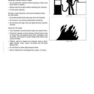 May include: A black and white safety information document titled 2-SAFETY INFORMATION. It includes text about fire prevention, refueling, and oil leaks, alongside two illustrations: a person refueling a machine and a large flame icon.