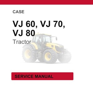 Pu&ograve; includere: Un trattore giallo e nero con pneumatici grandi &egrave; raffigurato nell'immagine. Il testo "VJ 60, VJ 70, VJ 80 Tractor" &egrave; visualizzato sopra il trattore. Sotto, un rettangolo rosso con la scritta "SERVICE MANUAL".