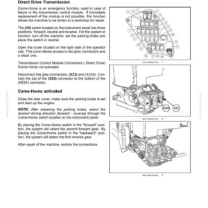 May include: Diagram of a machine's auxiliary transmission system, detailing the 'Come-Home' mode for emergency operation. Includes illustrations of connectors, switches, and gear selection procedures. Text explains the function and steps.
