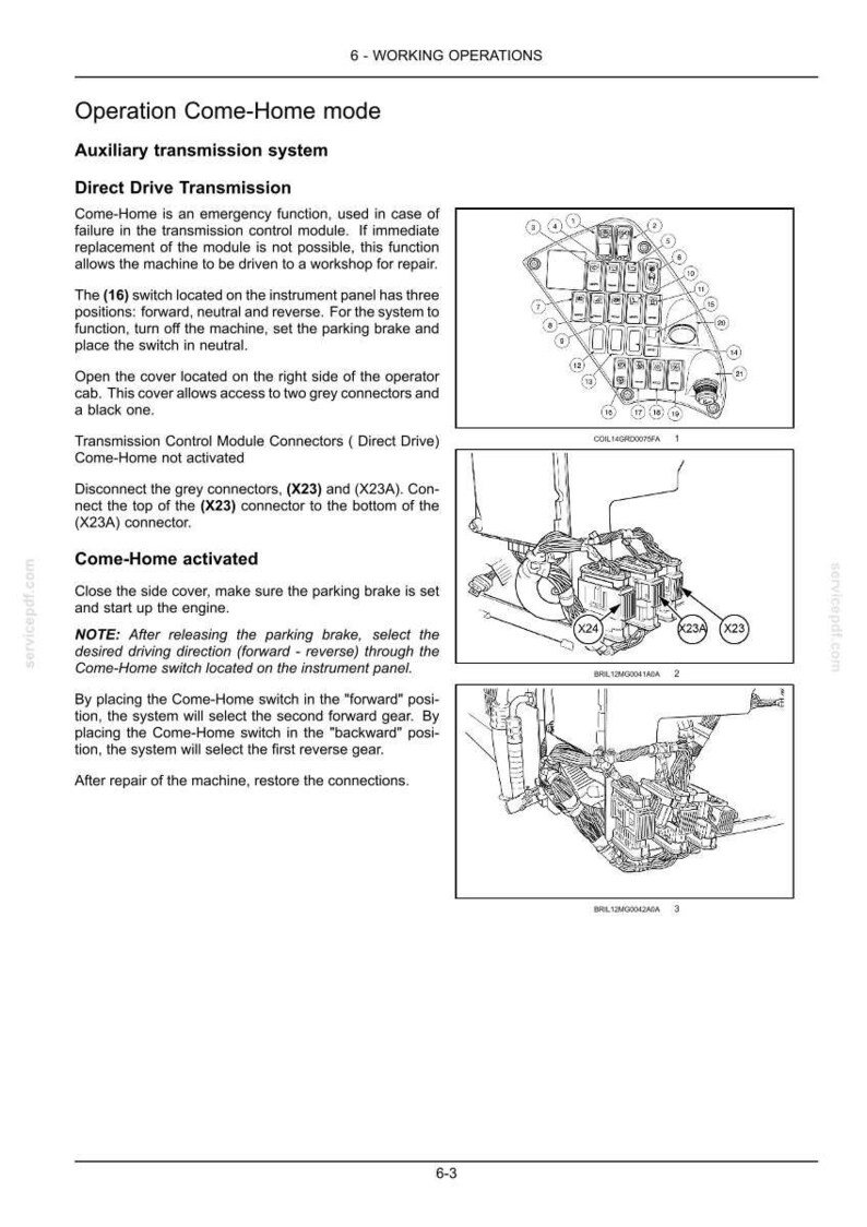 May include: Diagram of a machine's auxiliary transmission system, detailing the 'Come-Home' mode for emergency operation. Includes illustrations of connectors, switches, and gear selection procedures. Text explains the function and steps.