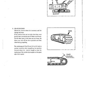 Peut inclure: Une page de manuel technique avec des dessins au trait noir et blanc d'une grue et de chenilles. Le texte inclut des instructions pour v&eacute;rifier le roulement d'orientation et le patin de chenille, notant un jeu de 10 &agrave; 20 mm.