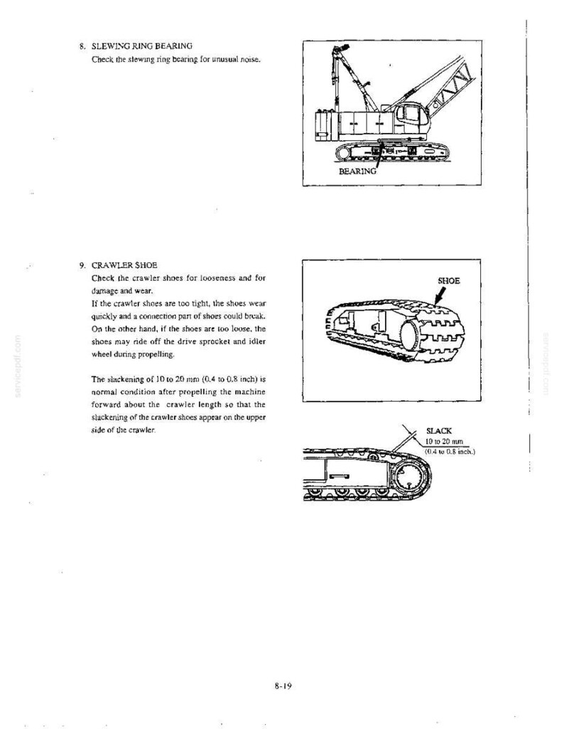 Peut inclure: Une page de manuel technique avec des dessins au trait noir et blanc d'une grue et de chenilles. Le texte inclut des instructions pour v&eacute;rifier le roulement d'orientation et le patin de chenille, notant un jeu de 10 &agrave; 20 mm.