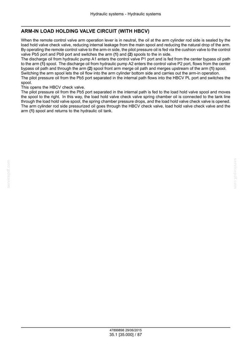 May include: Diagram of an arm-in load holding valve circuit (with HBCV) from a hydraulic systems manual. The text describes the function of the valve, including oil flow and spool operation. The document includes technical specifications.