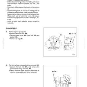 Op de afbeelding: Diagram van een hydraulische pomp demontage en montage handleiding. De afbeelding bevat gedetailleerde instructies en diagrammen voor het verwijderen en weer in elkaar zetten van pompcomponenten, zoals bouten, tandwielpompen en O-ringen. Tekst bevat onderdeelnummers en algemene voorzorgsmaatregelen.