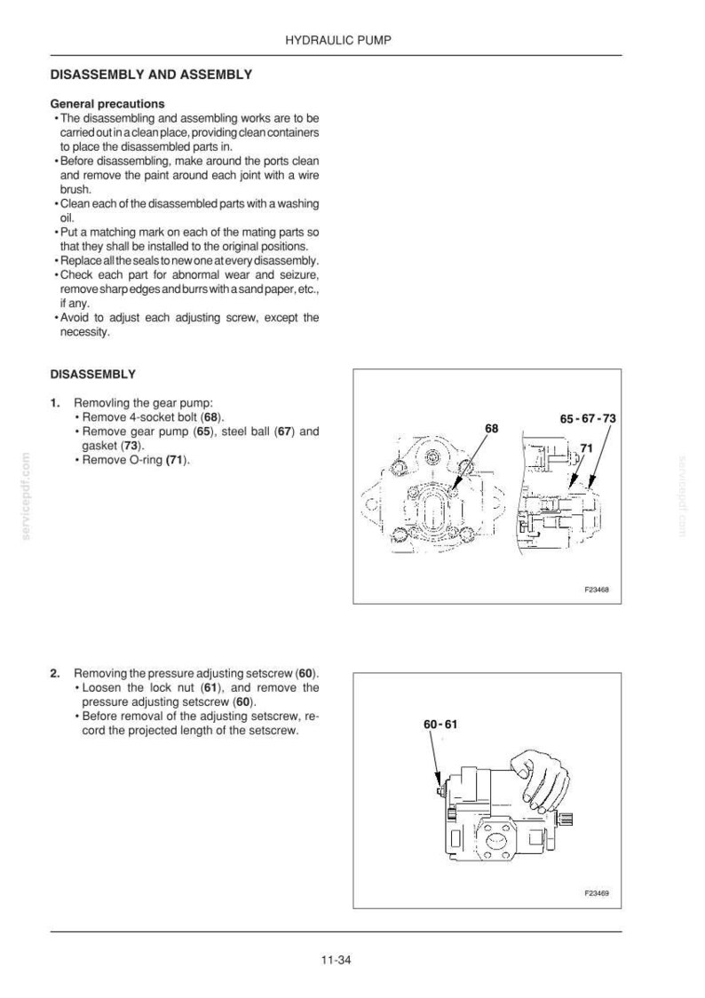 Op de afbeelding: Diagram van een hydraulische pomp demontage en montage handleiding. De afbeelding bevat gedetailleerde instructies en diagrammen voor het verwijderen en weer in elkaar zetten van pompcomponenten, zoals bouten, tandwielpompen en O-ringen. Tekst bevat onderdeelnummers en algemene voorzorgsmaatregelen.