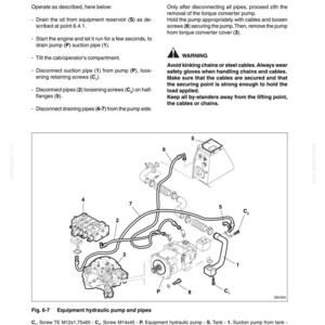 K&ouml;nnte beinhalten: Diagramm einer Ger&auml;tehydraulikpumpe und -rohre, mit Beschriftungen f&uuml;r Komponenten wie Saugrohr, Steuerventil und Ablaufrohre. Das Bild enth&auml;lt Text mit detaillierten Ausbauschritten und Sicherheitshinweisen.