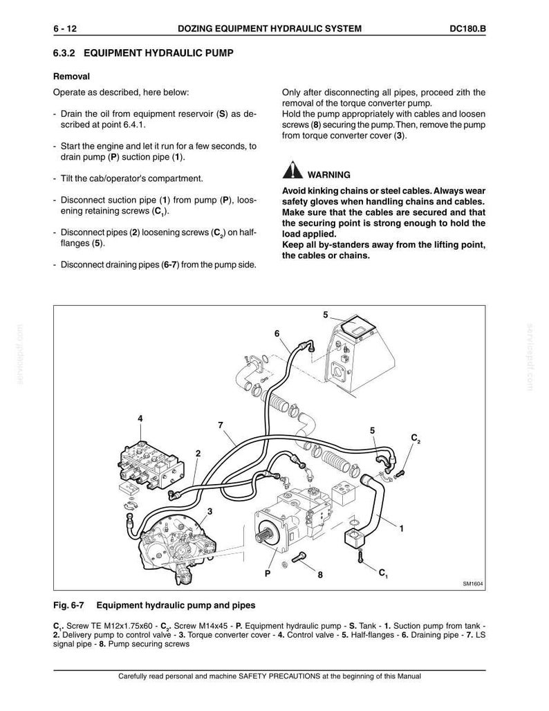 K&ouml;nnte beinhalten: Diagramm einer Ger&auml;tehydraulikpumpe und -rohre, mit Beschriftungen f&uuml;r Komponenten wie Saugrohr, Steuerventil und Ablaufrohre. Das Bild enth&auml;lt Text mit detaillierten Ausbauschritten und Sicherheitshinweisen.