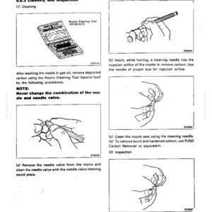 May include: A technical manual page titled Fuel and Engine Control Service Procedures 13-96, featuring black and white line drawings of a nozzle cleaning tool kit and diagrams showing the cleaning and inspection process for a fuel nozzle and needle valve.