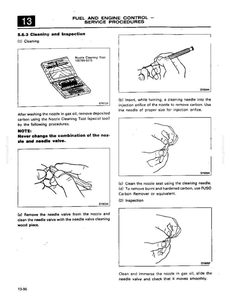 May include: A technical manual page titled Fuel and Engine Control Service Procedures 13-96, featuring black and white line drawings of a nozzle cleaning tool kit and diagrams showing the cleaning and inspection process for a fuel nozzle and needle valve.