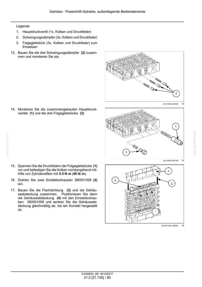 May include: Diagram of a powershift-gearbox with external operating elements. The image includes numbered parts, such as a main pressure valve, vibration dampers, and guide pieces, with assembly instructions and torque specifications.