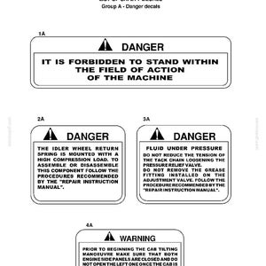 May include: A technical document page titled List of Safety Decals Group A, featuring four rectangular safety labels. Labels 1A, 2A, and 3A are marked Danger with warning text regarding machine operation, idler springs, and pressurized fluid systems.